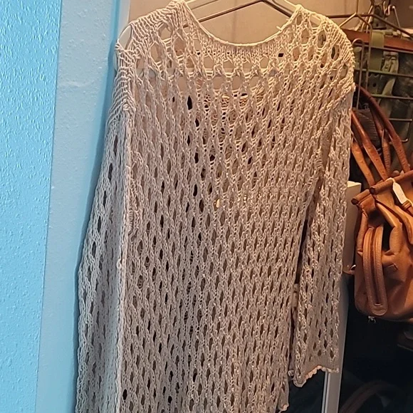 POL Women's Top Large Cream Crochet Mesh Knit Boat Neck Bell Sleeve Sweater - Picture 4 of 9